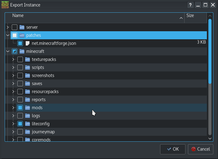 Export Instance dialog